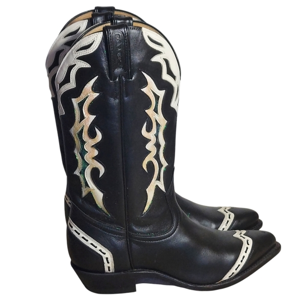 Boulet Black White Leather Glitter Overlays Pointed Toe Western Boots Women's - Picture 4 of 16